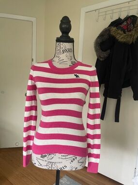 Abercrombie & Fitch Hot Pink and White Striped Crewneck Sweater